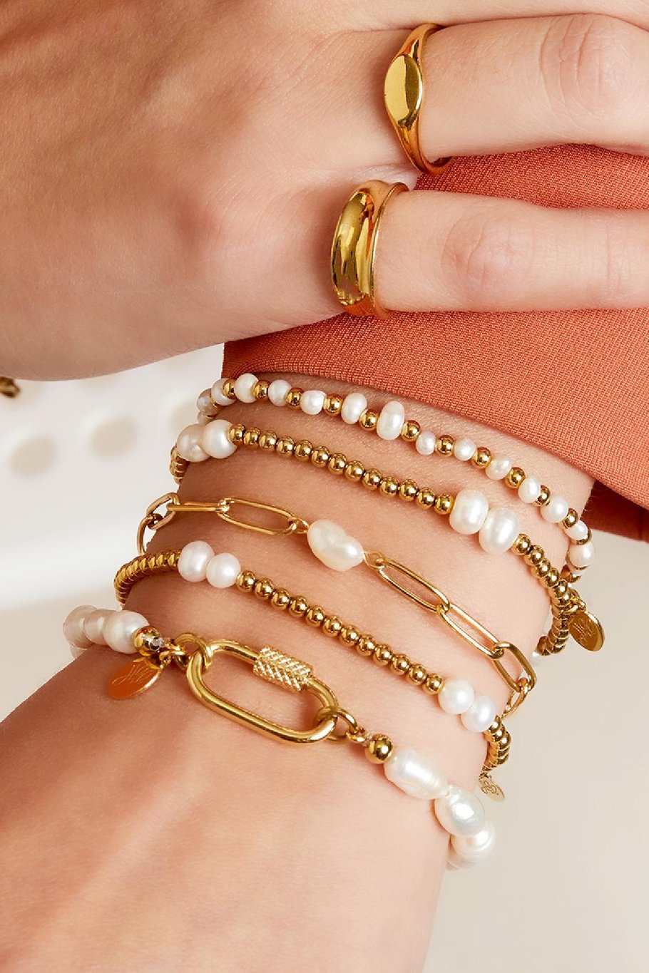 Bracelet oval chain with pearl Gold Color Stainless Steel h5Picture2